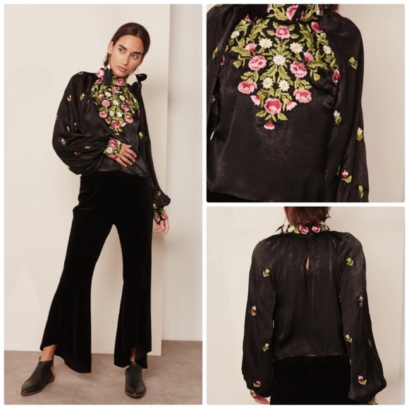 Free People Jessica High Neck Embroidered Black Peasant Blouse Top Boho Gypsy - Picture 3 of 16